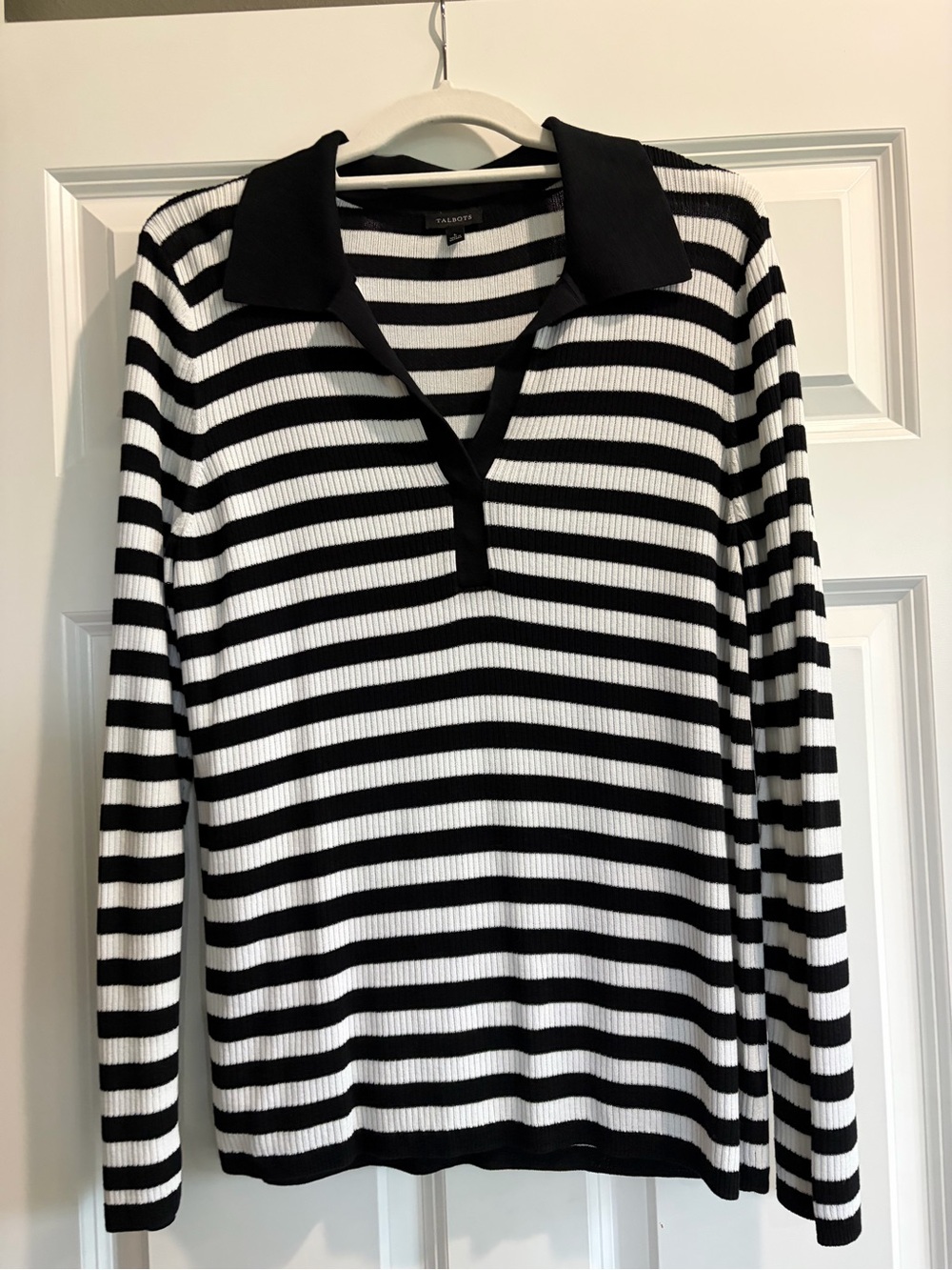 Talbots Black & White Striped V-Neck Polo Sweater